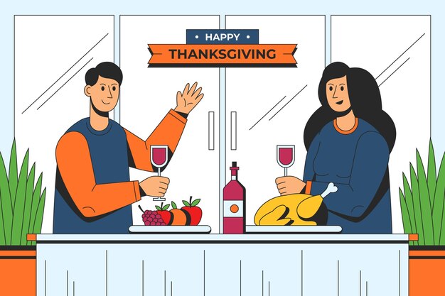 Hand drawn flat illustration of people celebrating thanksgiving