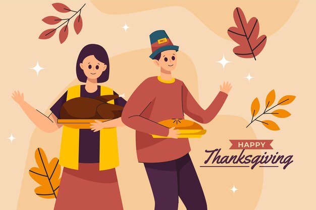 Hand drawn flat illustration of people celebrating thanksgiving