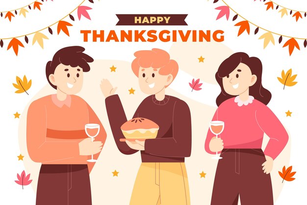 Hand drawn flat illustration of people celebrating thanksgiving