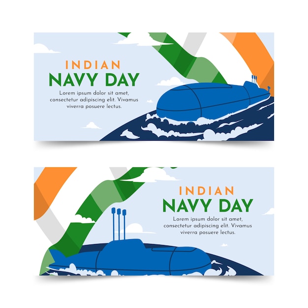 Hand drawn flat indian navy day horizontal banners set