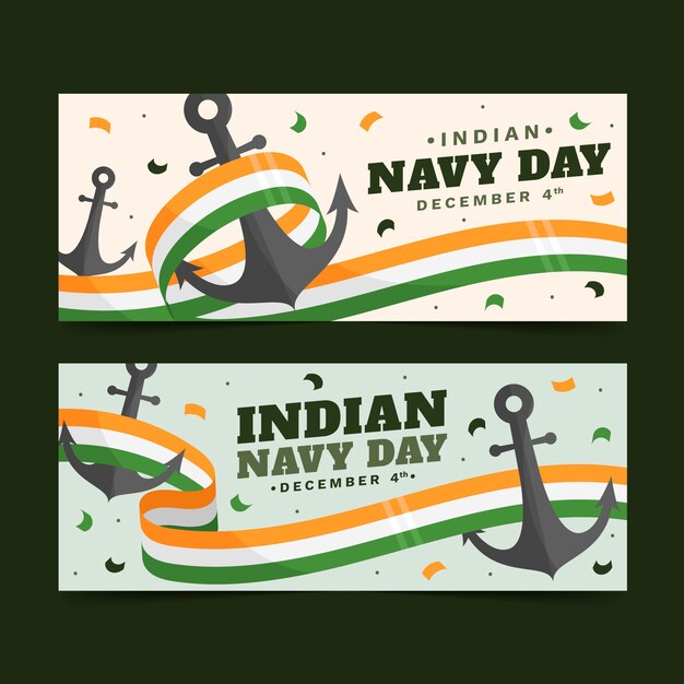 Hand drawn flat indian navy day horizontal banners set