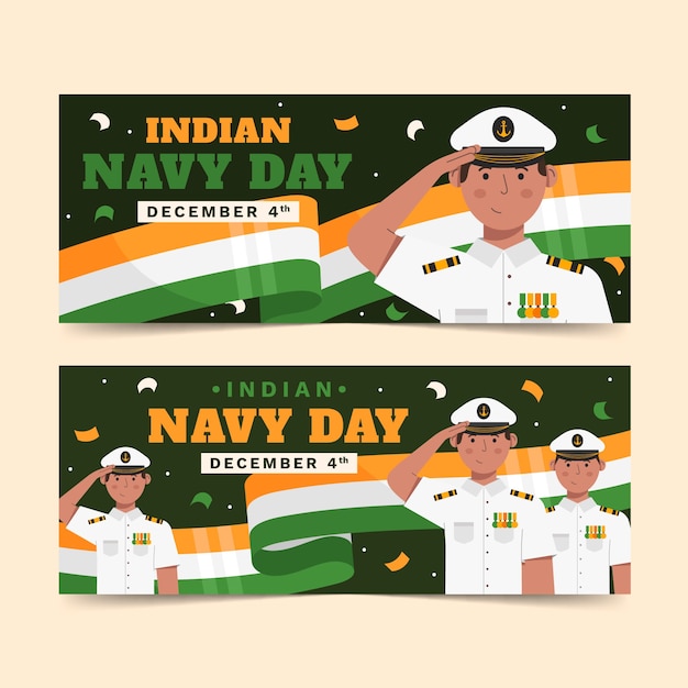 Free Vector hand drawn flat indian navy day horizontal banners set