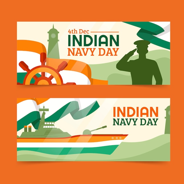 Free Vector hand drawn flat indian navy day horizontal banners set