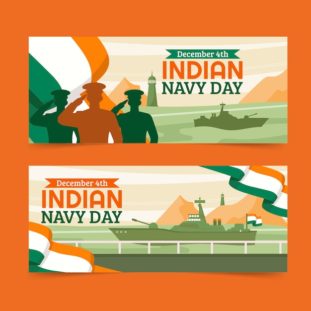 Free Vector hand drawn flat indian navy day horizontal banners set