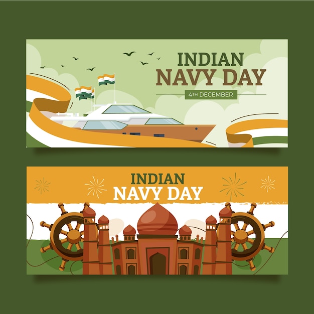 Free Vector hand drawn flat indian navy day horizontal banners set