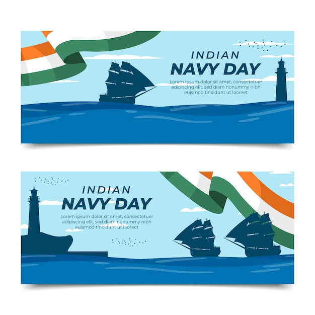 Hand drawn flat indian navy day horizontal banners set