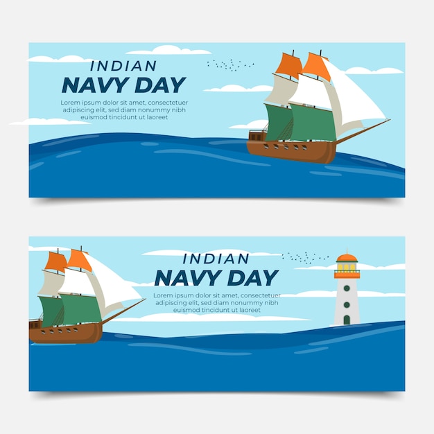 Hand drawn flat indian navy day horizontal banners set