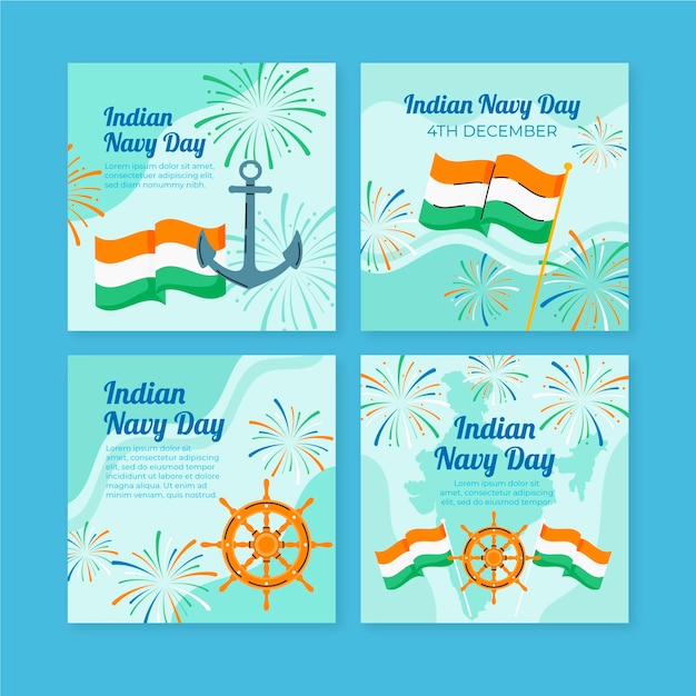 Free Vector hand drawn flat indian navy day instagram posts collection