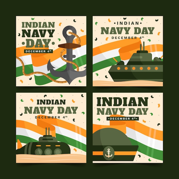 Hand drawn flat indian navy day instagram posts collection