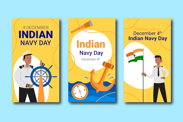 Hand drawn flat indian navy day instagram stories collection