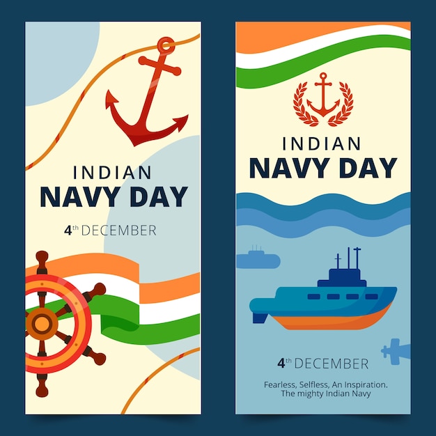 Hand drawn flat indian navy day vertical banners set