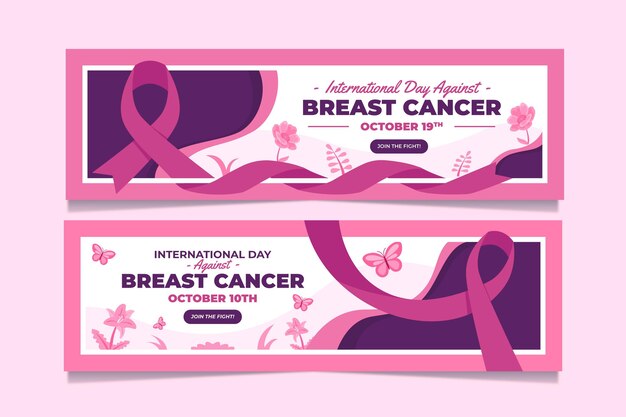 Hand drawn flat international day against breast cancer banners set