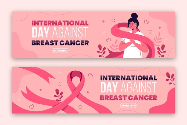 Hand drawn flat international day against breast cancer horizontal banners set