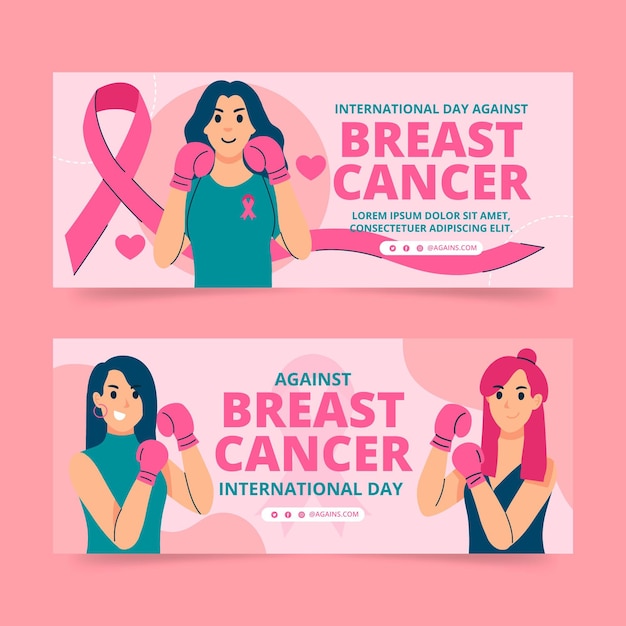 Hand drawn flat international day against breast cancer horizontal banners set