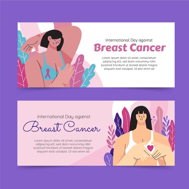 Hand drawn flat international day against breast cancer horizontal banners set