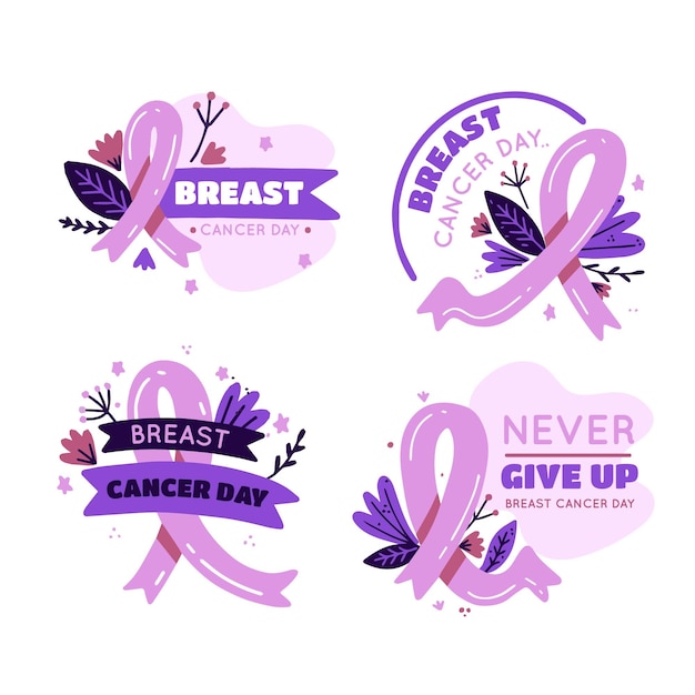 Free Vector hand drawn flat international day against breast cancer lettering badges collection