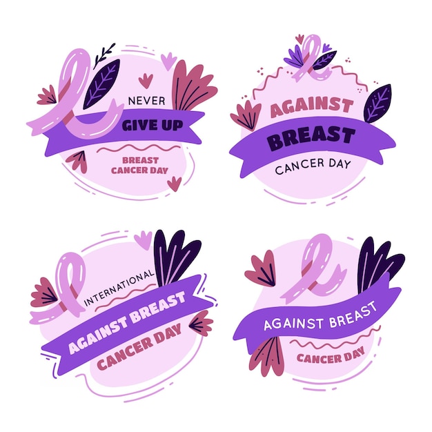 Hand drawn flat international day against breast cancer lettering badges collection