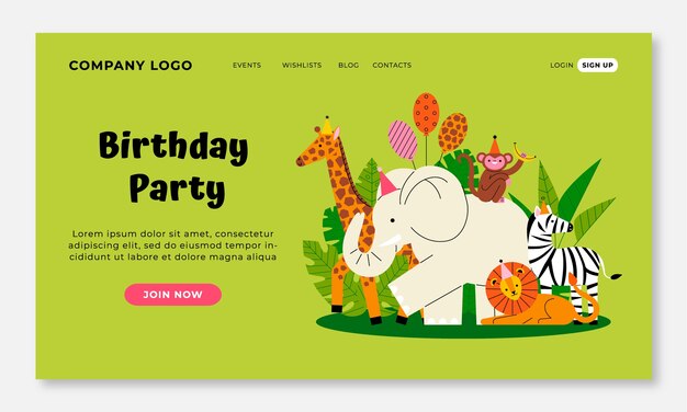 Hand drawn flat jungle birthday party landing page