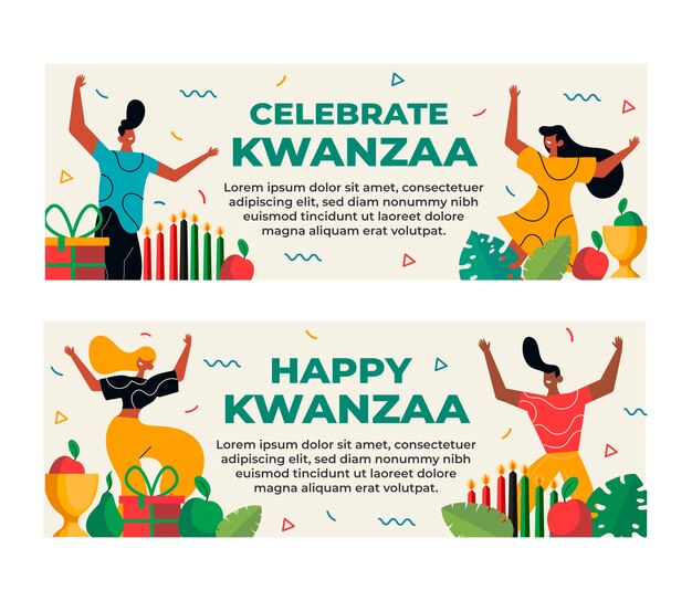 Hand drawn flat kwanzaa horizontal banners set