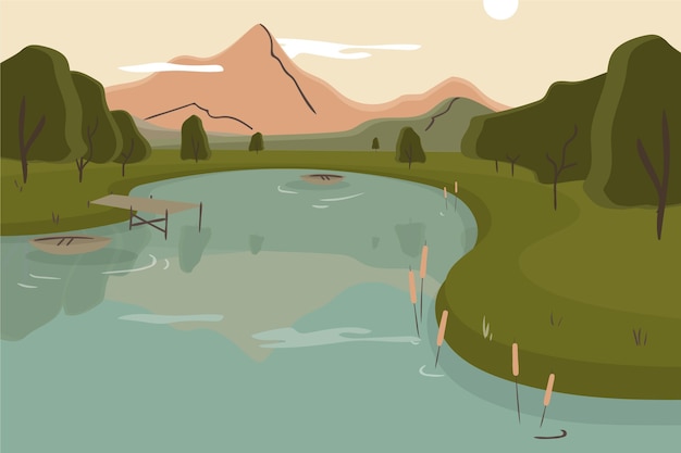 Hand drawn flat lake scenery