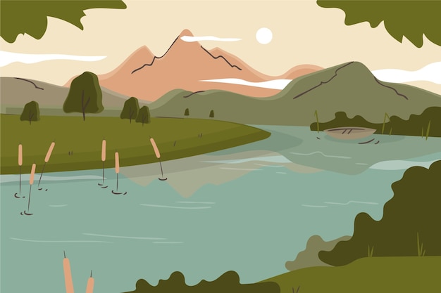 Free Vector hand drawn flat lake scenery