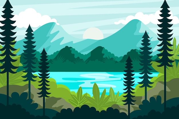 Free Vector hand drawn flat lake scenery