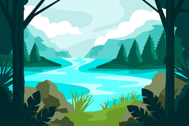 Hand drawn flat lake scenery