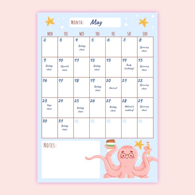 Hand drawn flat monthly planner calendar