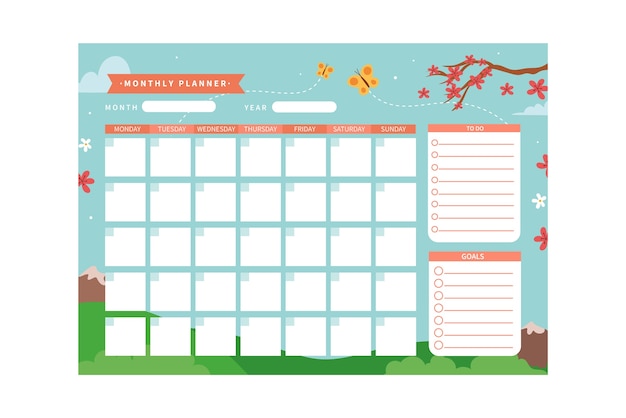 Hand drawn flat monthly planner calendar