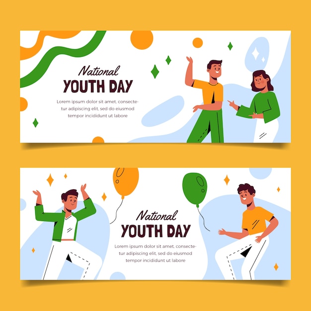 Free Vector hand drawn flat national youth day horizontal banners set