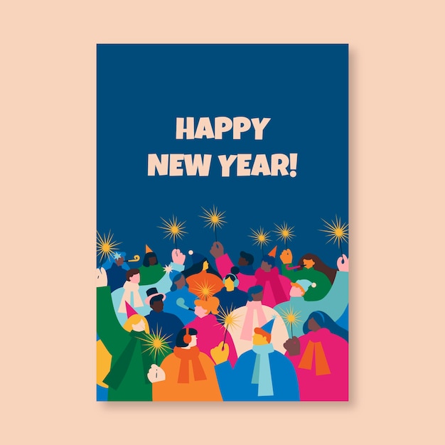 Hand drawn flat new year greeting card template