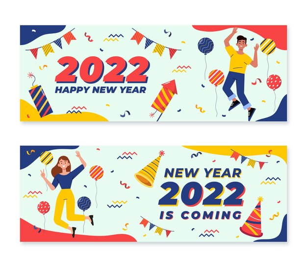 Hand drawn flat new year horizontal banners set