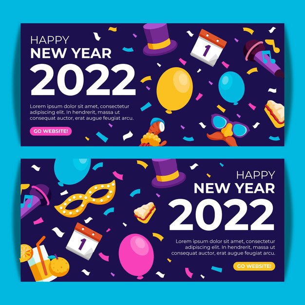 Hand drawn flat new year horizontal banners set