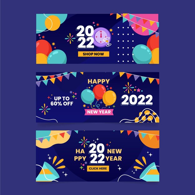 Hand drawn flat new year horizontal banners set