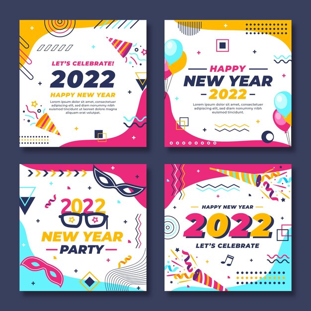 Hand drawn flat new year instagram posts collection