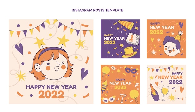 Hand drawn flat new year instagram posts collection