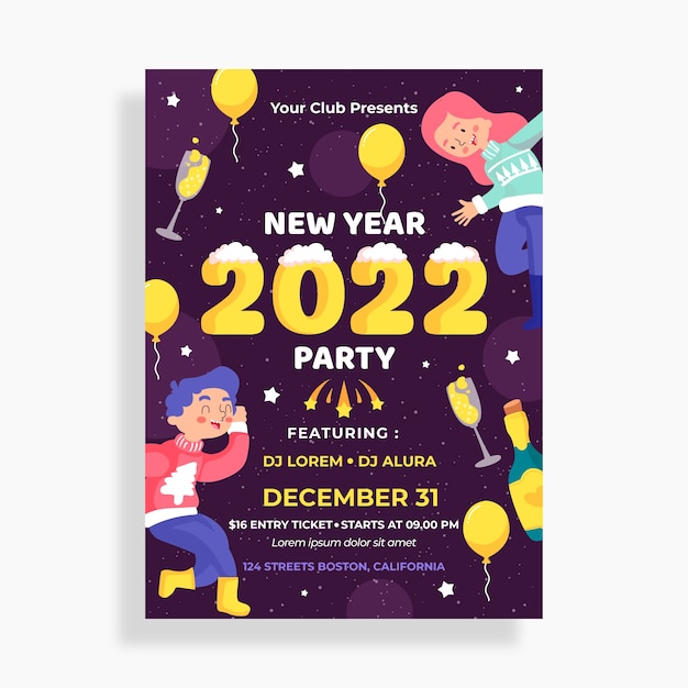 Hand drawn flat new year party flyer template