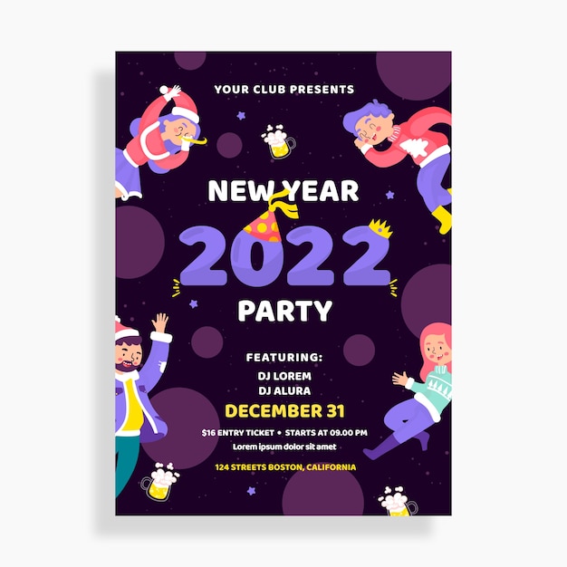 Hand drawn flat new year party flyer template