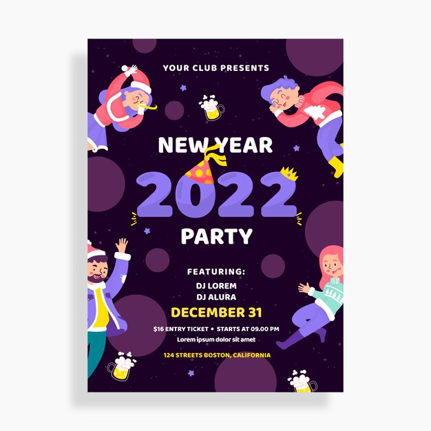 Hand drawn flat new year party flyer template