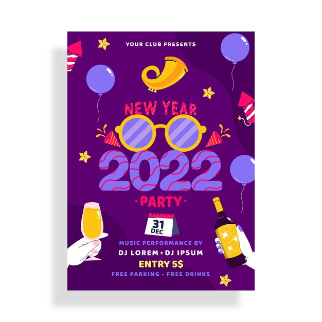 Hand drawn flat new year party flyer template