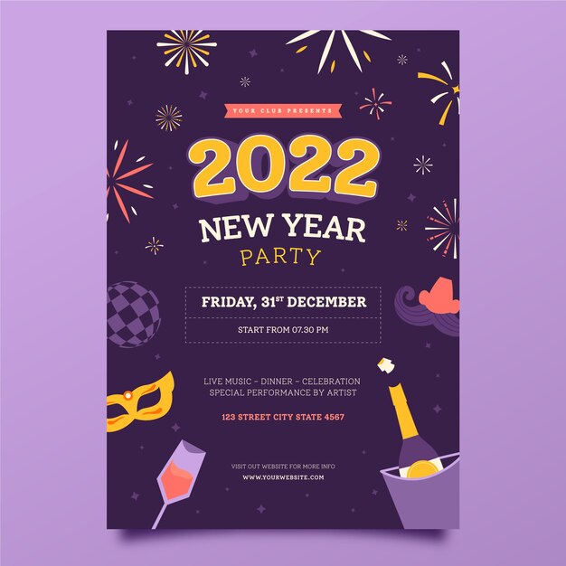 Hand drawn flat new year vertical party flyer template