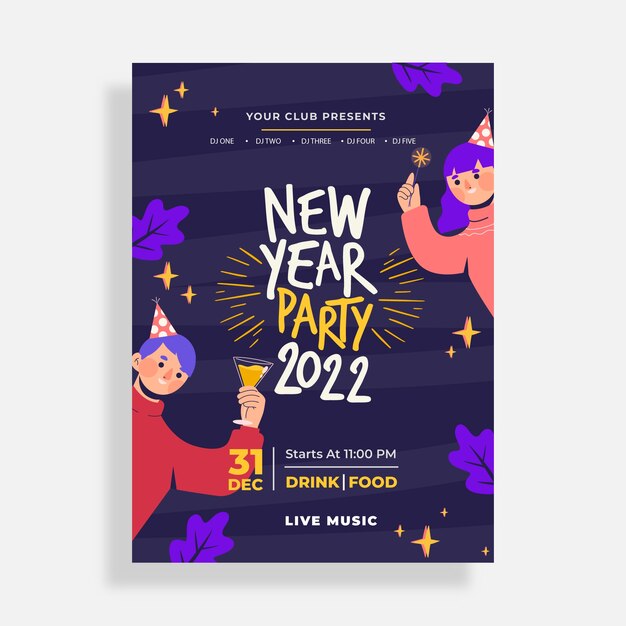 Hand drawn flat new year vertical party flyer template