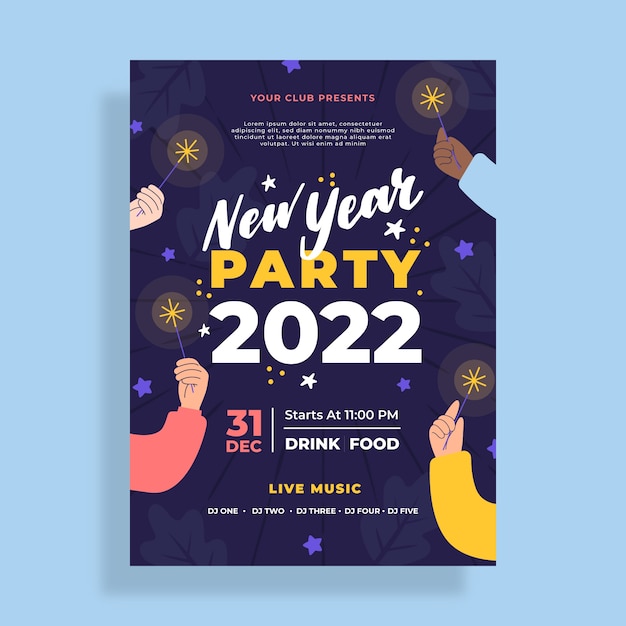 Hand drawn flat new year vertical party flyer template