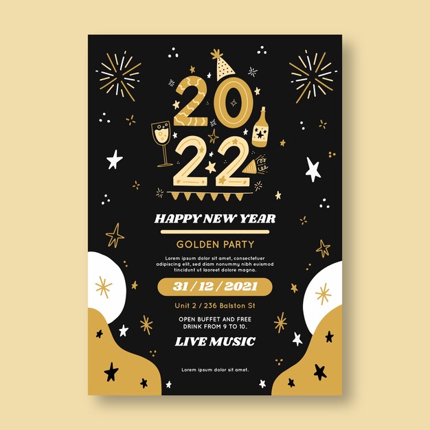 Hand drawn flat new year vertical party flyer template