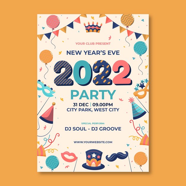 Hand drawn flat new year vertical party flyer template