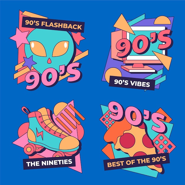 Free Vector hand drawn flat nostalgic 90's badges collection