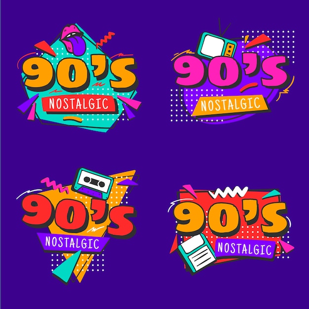 Free vector hand drawn flat nostalgic 90's badges collection