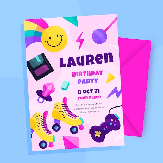 Hand drawn flat nostalgic 90's birthday invitation template