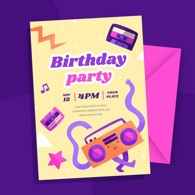 Hand drawn flat nostalgic 90's birthday invitation template