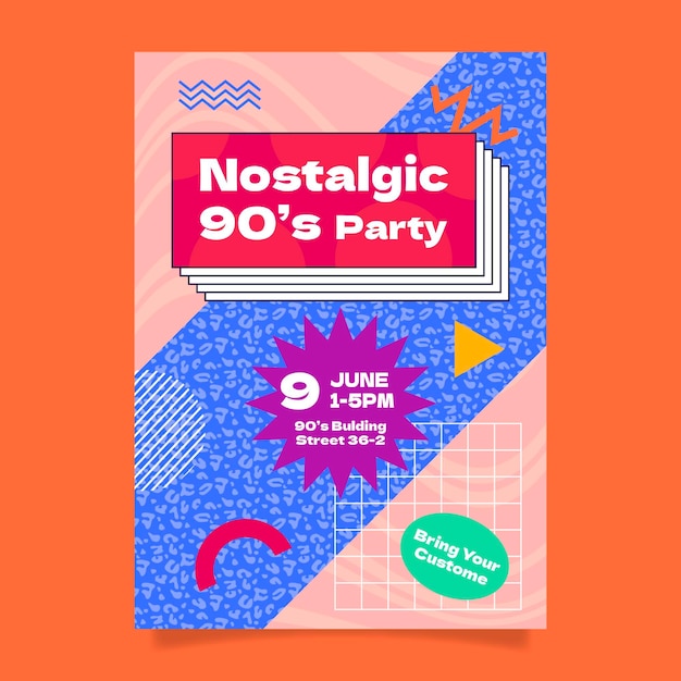 Hand drawn flat nostalgic 90's birthday invitation